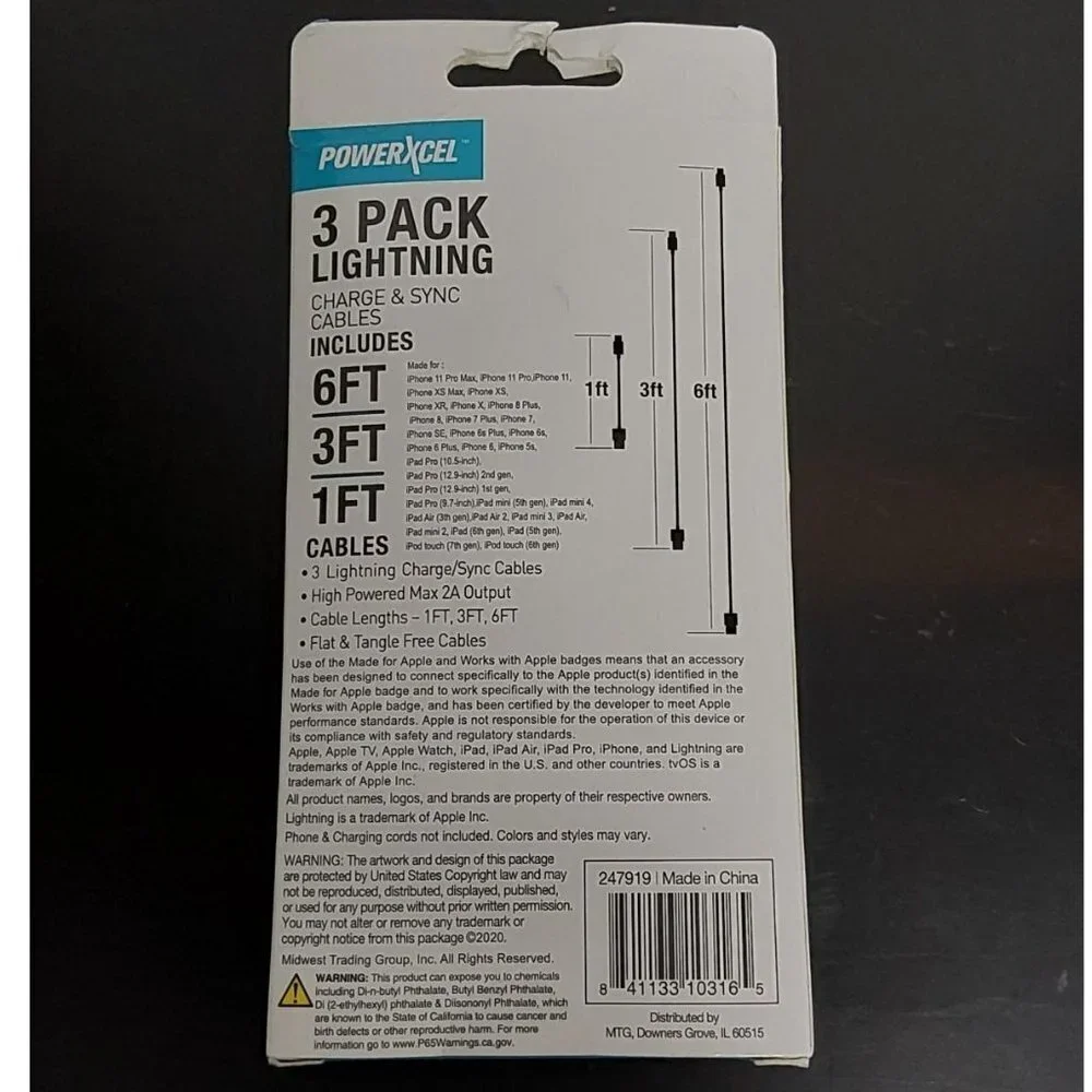 Powerxcel 3 Pack Lightning Charge & Sync Cables